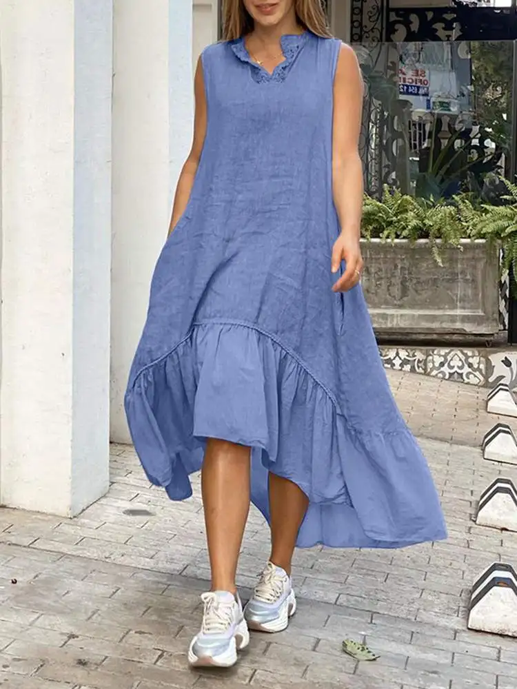 

VONDA 2022 Femme Summer Party Dress Women Sleeveless Lace Beach Robe Long Casual Loose Vestido Holiday Ruffled Sundress Oversize