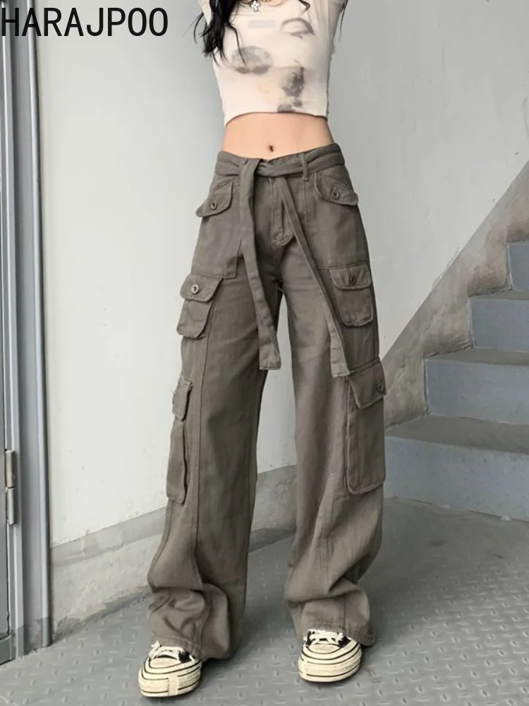 

Pants Couples Harajpoo Bandage Solid Pockets Streetwear Harajuku Summer Loose Straight High Waist Wide Leg Casual 2022 Trousers
