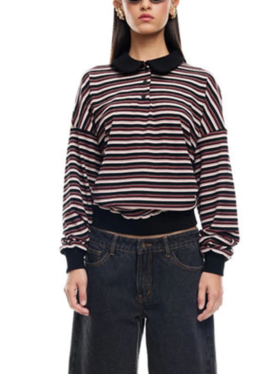 Женский свитшот в полоску с длинным рукавом на пуговицах