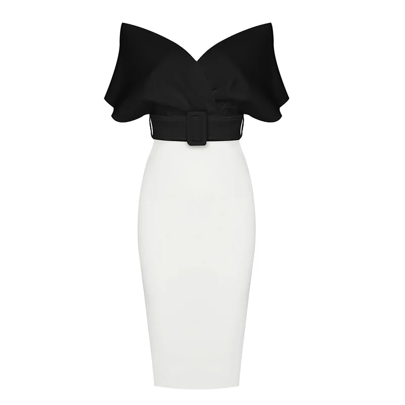 

Black&White Women Bandage Dress Sexy Off Shoulder Slash Neck Lady Dreses Club Party Evening Elegant Clothes