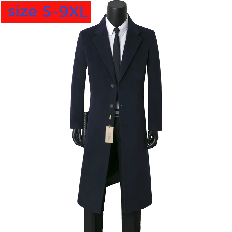 

New Men Cashmere Overcoat Windswear Style Single Button Wool Casual X-long Thick Wool Coat High Quality Plus Size S-7XL 8XL 9XL