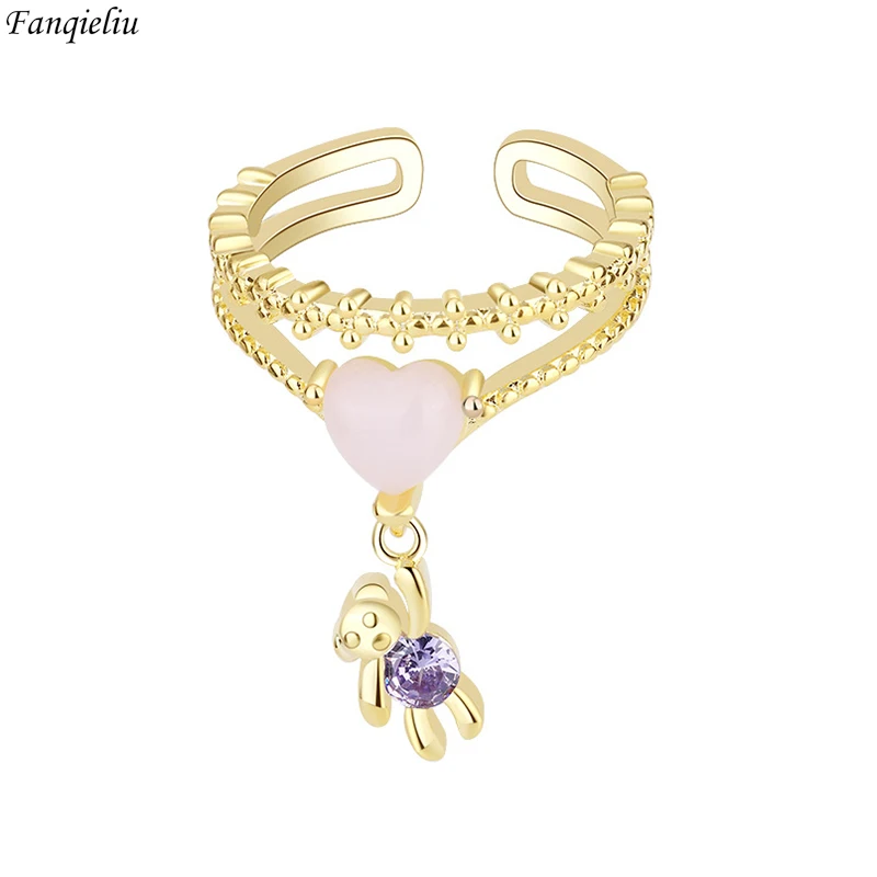 

Fanqieliu S925 Stamp Gold Color Opening Double Layers Cute Bear Crystal Ring For Women New Jewelry Girl Gift Trendy FQL23112