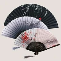 chinese japanese silk folding fan wooden shank classical dance fan high quality tassel elegent female fan home decoration
