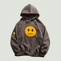 2022 new zipper pocket smile face patchwork fleece hoodies sweatshirts streetwear mens hip hop casual pullover hooded male tops