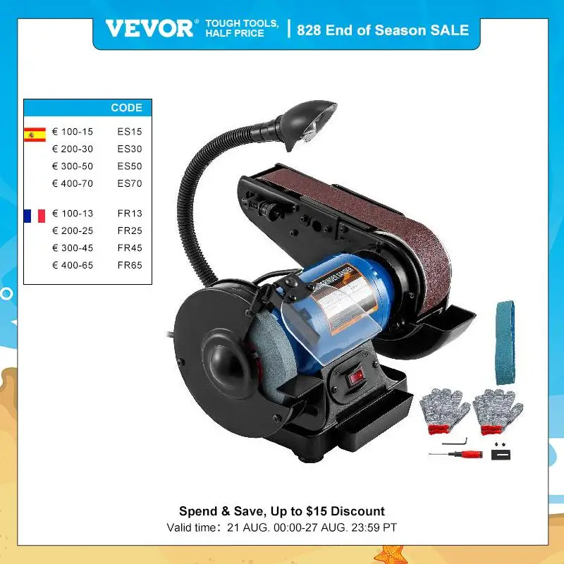 VEVOR 6Inch Desktop Grinding Wheel Belt Machine 250W with Lamp Knife Polishing Bench Woodworking Grinding Table Disc Belt Sander