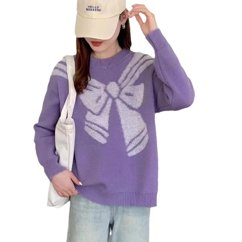 Женский вязаный свитер с бантом DAYIFUN свободные джемперы круглым вырезом и