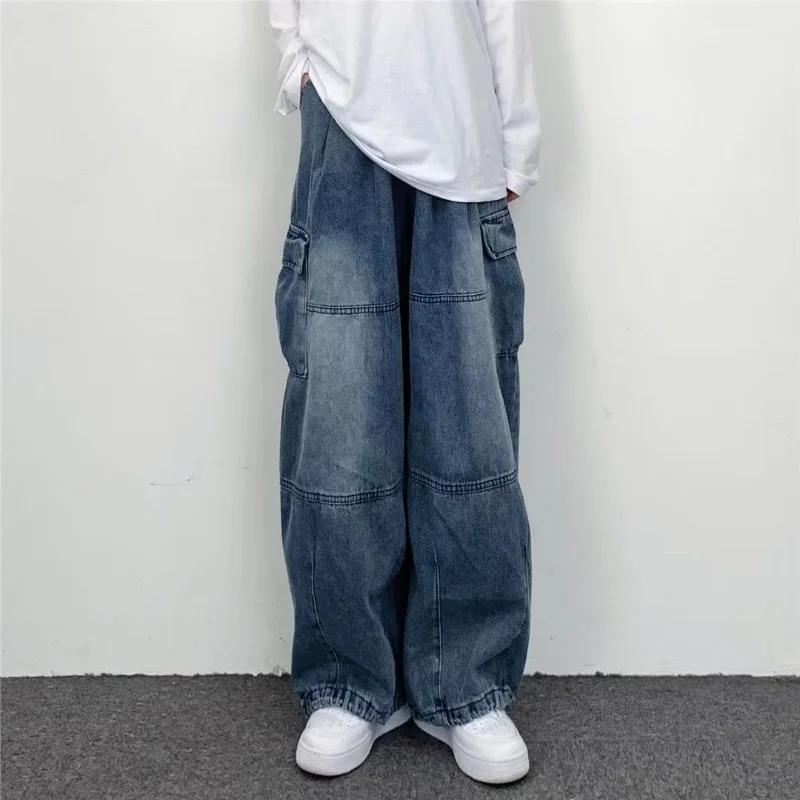 

Retro Drape Loose Wide Leg Casual Large Pocket Tooling Jeans Men And Women Washed Loose Daddy Slouchy Pants Trousers 2022 New
