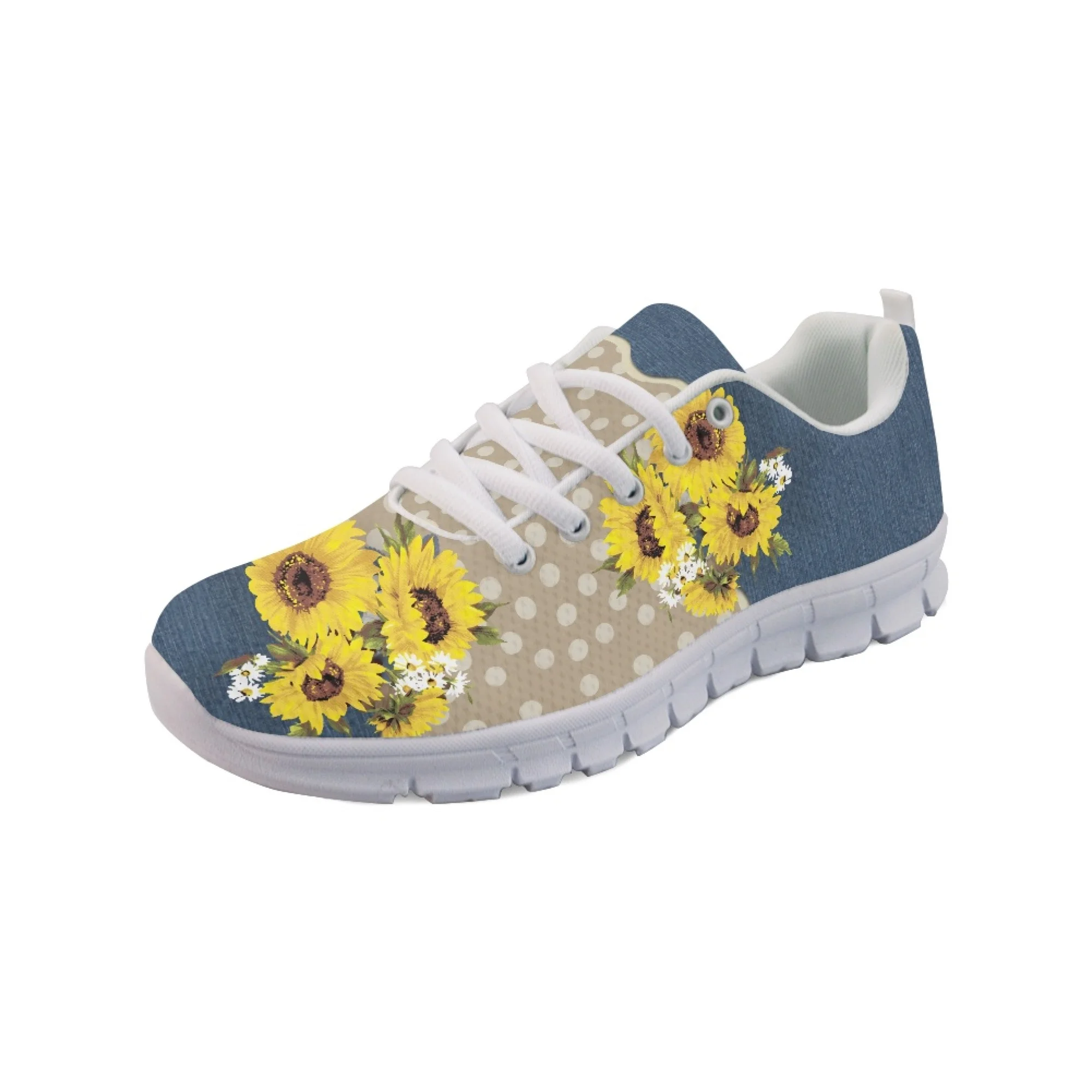 Yikeluo 2023 Women Lace up Mesh Sneakers Sunflower and Butterflies Print Walk Flat Shoes for Ladies Casual Footwear Zapatos