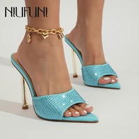 pointed peep toe rhinestone stiletto high heel women slippers shoe metal chain black blue sexy solid color simple slip on slides