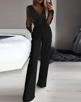 woman v neck wide leg pants playsuit sequin see through mesh romper high waist fashion long sleeve spring autumn office jumpsuit