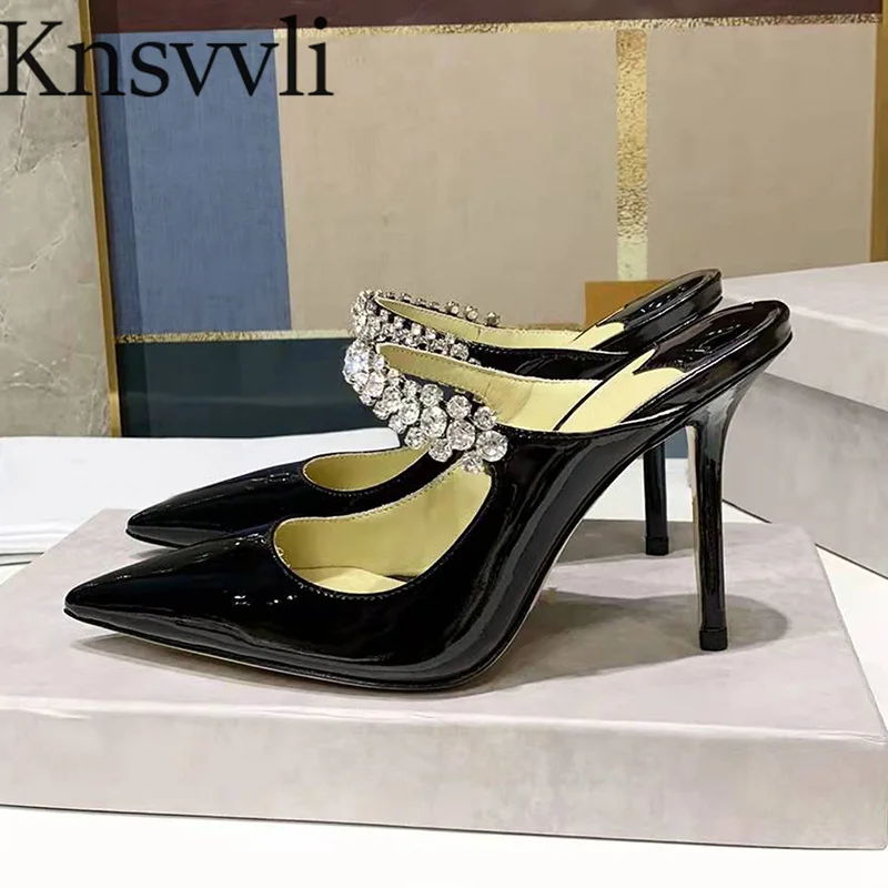 

Runway High Heels Slippers Female Patent Leather Pointy Toe Mules Shoes Woman Slingbacks Rhinestone Flat Slipper Women 35-42