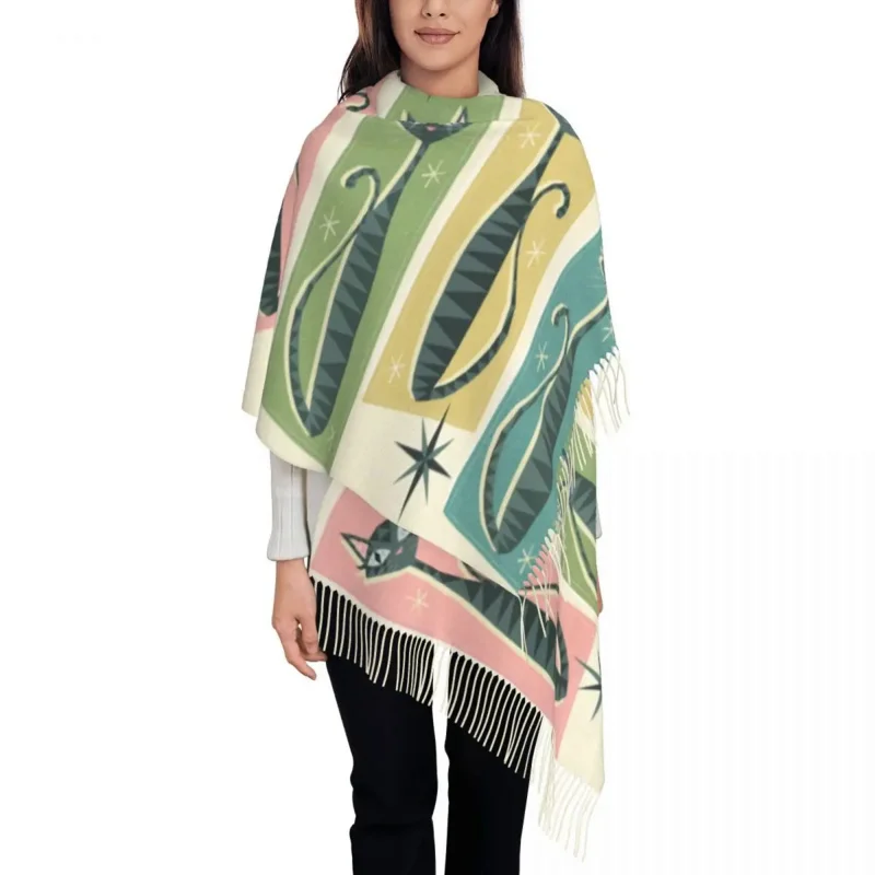 

Vintage Black Cat Tassel Scarf Women Soft Mid Century Meow Retro Atomic Kitties Shawl Wrap Ladies Winter Fall Scarves