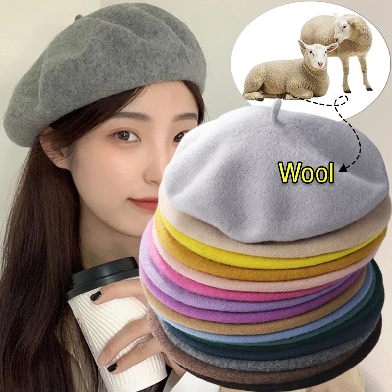 

Women Cotton Wool Berets French Artist Style Warm Winter Beanie Hat Retro Plain Beret Solid Color Elegant Lady All Matched Caps