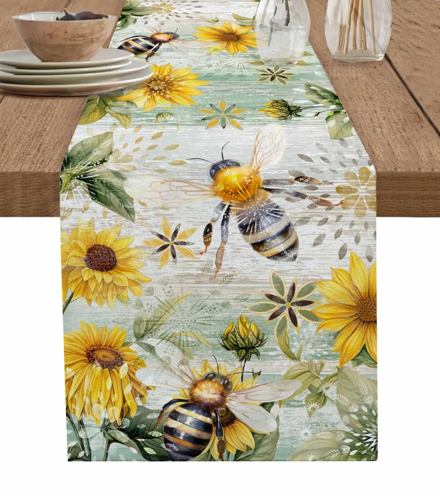 Ретро деревянное зерно подсолнечника пчела льняные дорожки для стола украшение