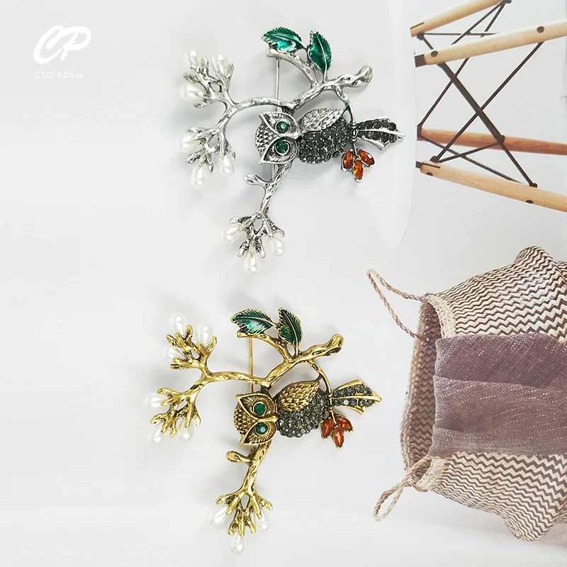 

Cartoon branch owl rhinestone pin brooch all-match imitation pearl animal brooch clothing accessories