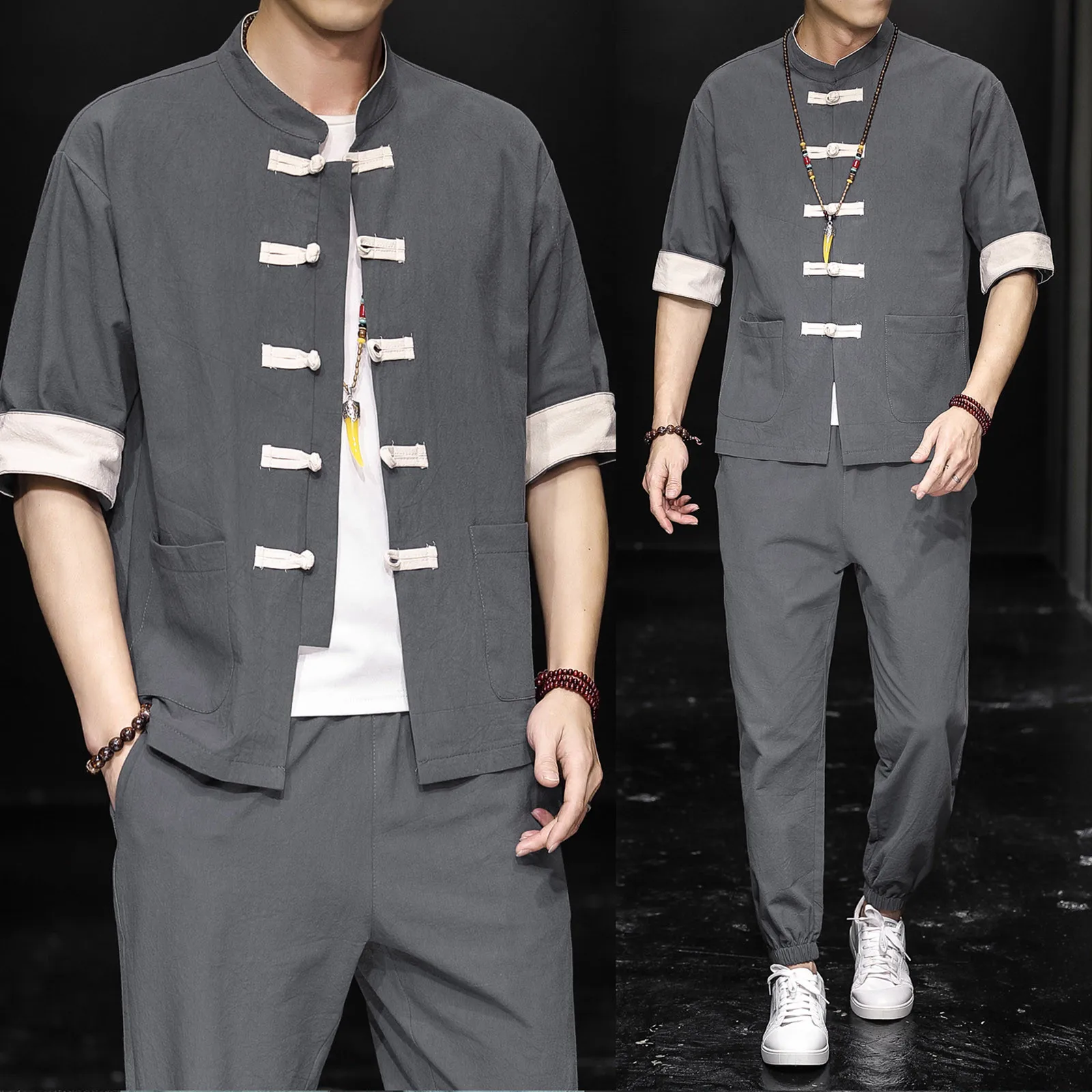 Solid Color 2 Piece Set Half Sleeve Men Tracksuit Stand Collar Men Sets Loose Ensemble Homme Pocket Streetwear Dailywear 2023
