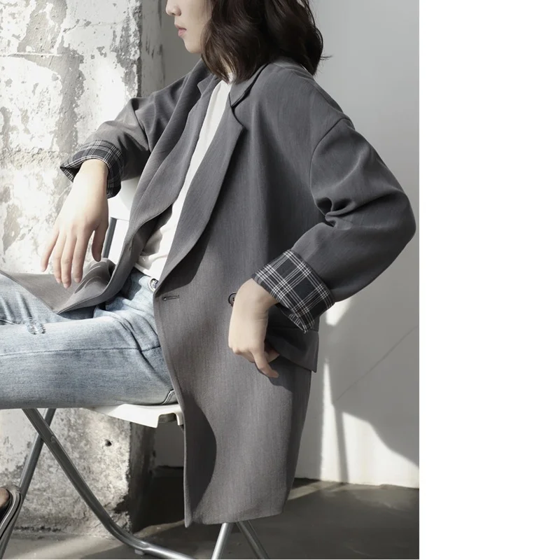 Elegant Lapel Single Button Black Blazer Spring Autumn Gray Vintage Jacket Coat Ladies Workwear Female Formal Clothes 2021 Women