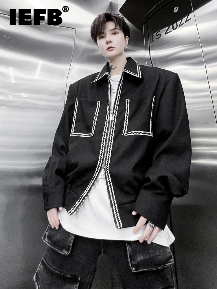 

IEFB Autumn Decoration Men's Coat Loose Long Sleeve 2023 Turn-down Collar Casual Darkwear Zipper Male Jacket Temperament 9A4932