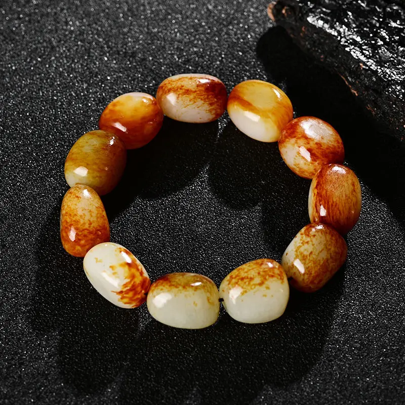 

Genuine Natural Hetian Jades Seed Stone Bracelet Men Women Raw Jade With Skin Nephrite Beads Tumbled Stones Bracelets Bangles