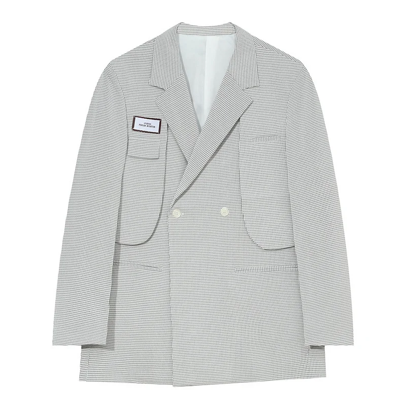 Мужской двубортный блейзер в клетку белый или черный пиджак Корейском стиле