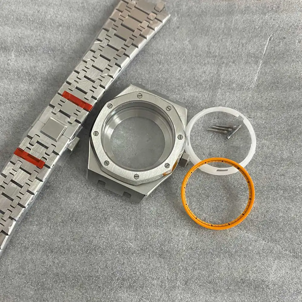 41mm Watch Case + Steel Band + Inner Shadow Circle Sapphire Glass Mirror Watch Accessory Set for NH35/ NH36/ 4R36 Movement