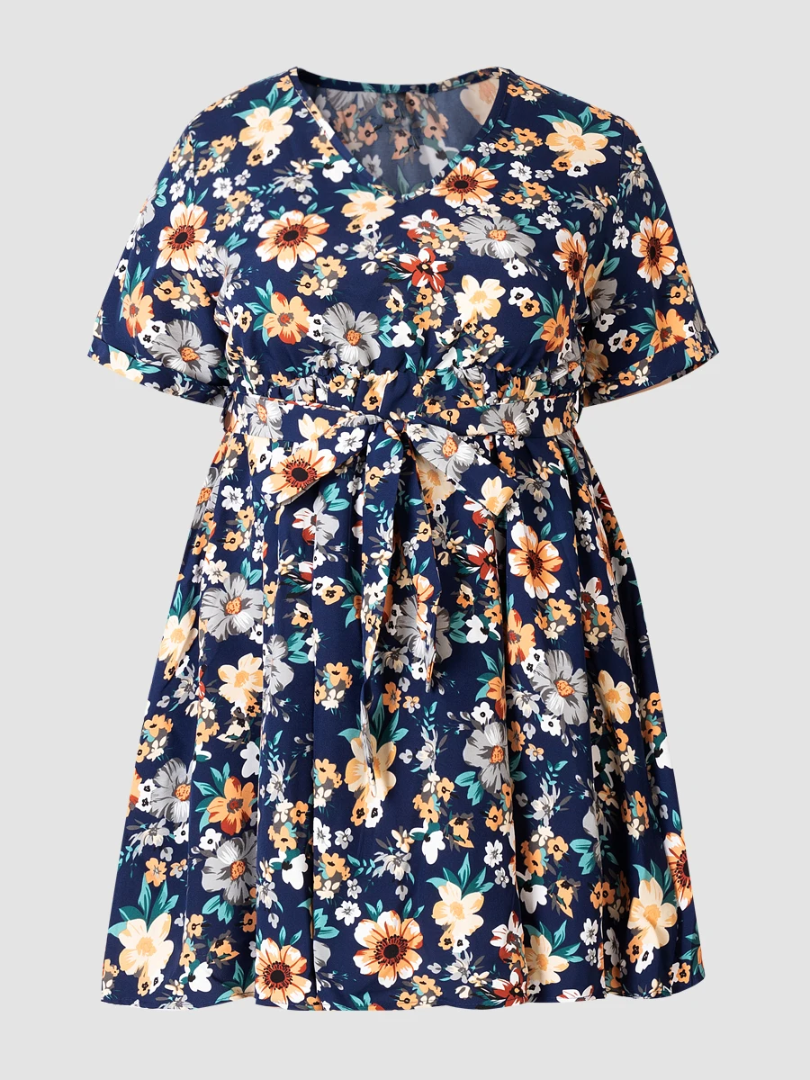 

Finjani Allover Floral Print Belted Dress Short Sleeve V-Neck Plus Size Summer Dresses Ladies 2022