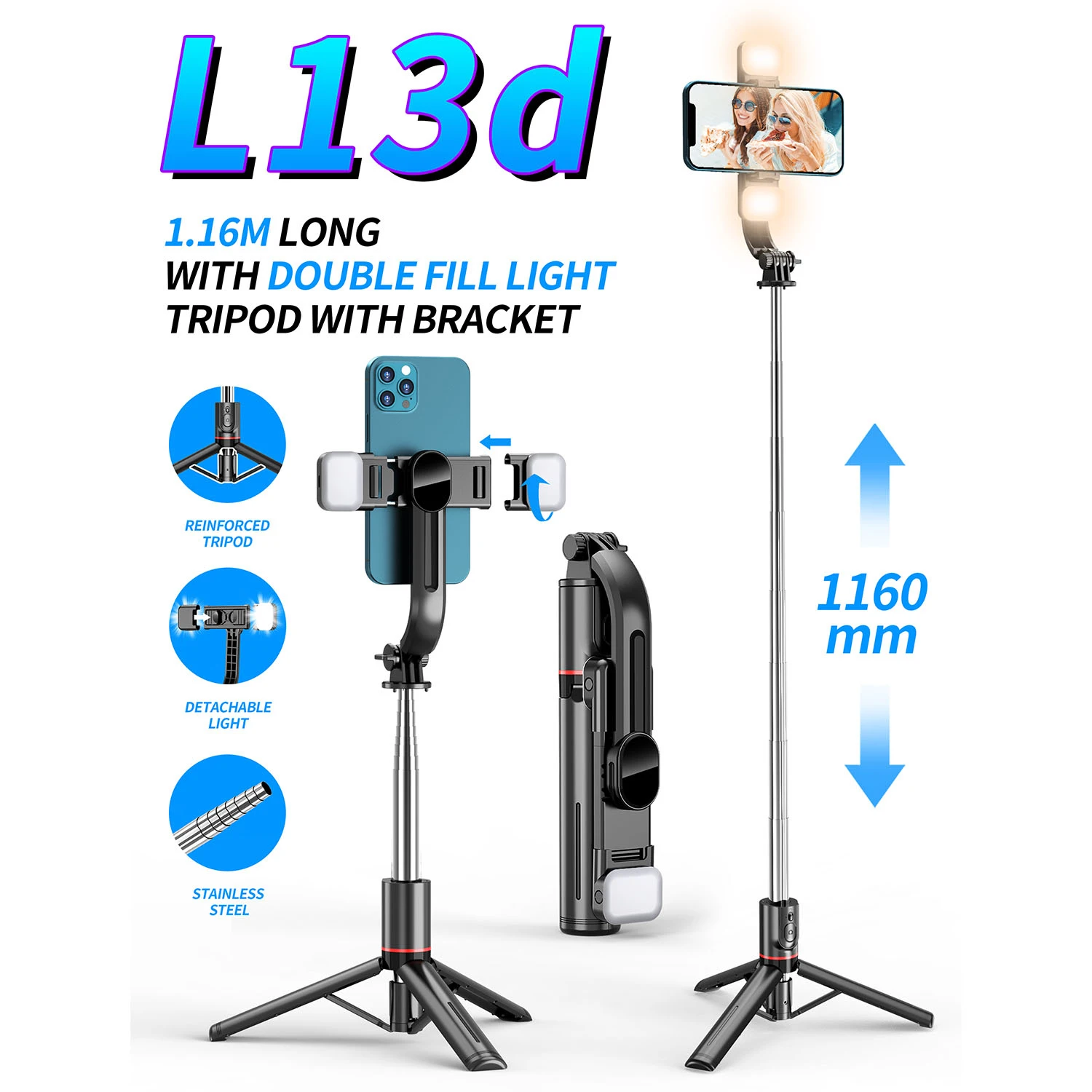 

L13/L13d Bluetooth Tripod Selfie Stick with Fill Light Lamp Reinforcement Bracket Adjusted Tripod Foldable Selfie Rod