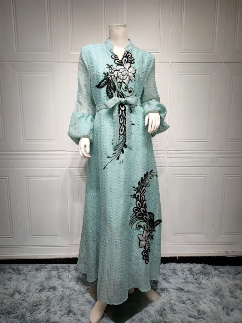 Eid Muslim Women Abaya Morocco Party Dress Elegant Lace-up Prayer Abayas Long Sleeve Robe Dress Ramadan Musulman Maxi Vestidos