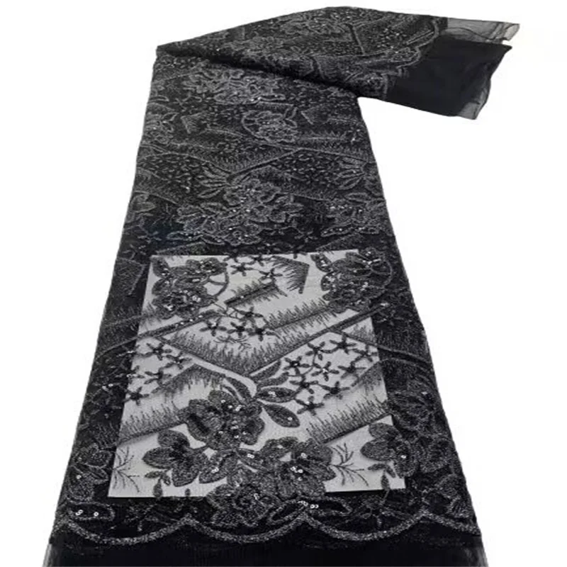 

Африканская Кружевная Ткань 5 ярдов, черная Высококачественная блестящая сетчатая вышивка, французская Свадебная Тюлевая кружевная ткань для шитья женских платьев