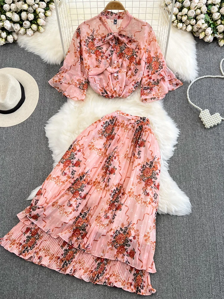 

Summer Bohemian Women Chiffon Two Piece Set Elegant Bow Collar Flare Sleeve Short Tops + Pleated Midi Skirt 2Pcs Suit Female New