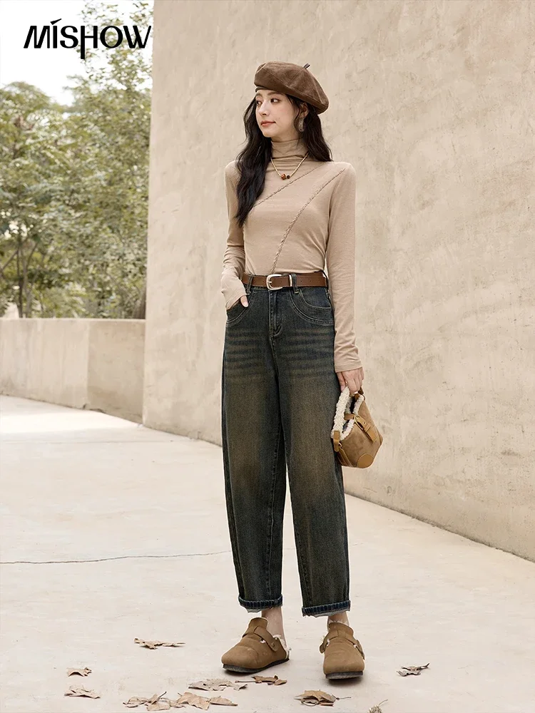 Джинсы MISHOW в стиле ретро с высокой талией зима 2024 корейские свободные