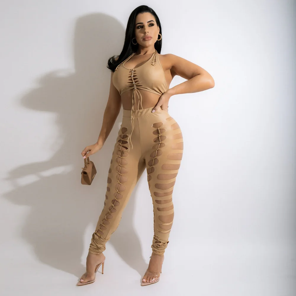 

Wishyear 2022 Sexy Club Wear Laced Leggings 2 Piece Sets Womens Outfits Black Cut Out Crop Top and Pants Matching Sets