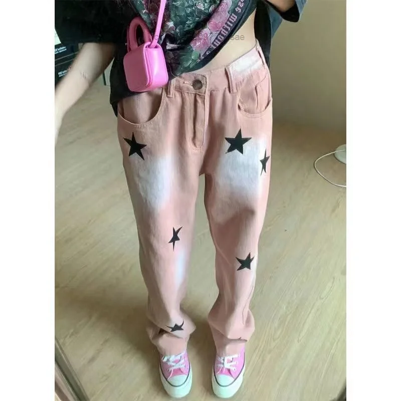 American Retro Print Pink Star Jeans  Sweetheart Spice Girl  Autumn Trendy High Street Vibe Style Straight Pants Y2k Pants Women
