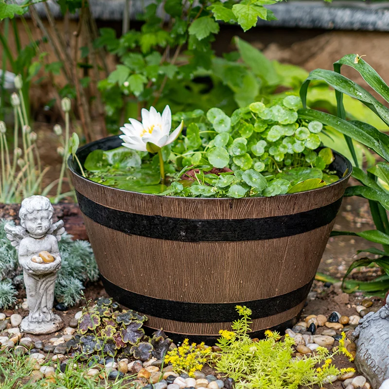 

Imitation Wooden Bucket Flower Pot Extra Large Thick Resin Lotus Bowel Sleeping Lotus Pot Vintage Distressed Garden Balcony