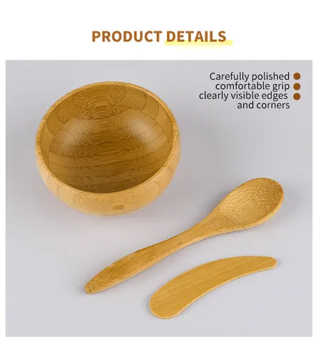 Экологичная 100% натуральная круглая маска и щетка для лица ручной работы, Маленькая деревянная бамбуковая миска и ложка мини-размера