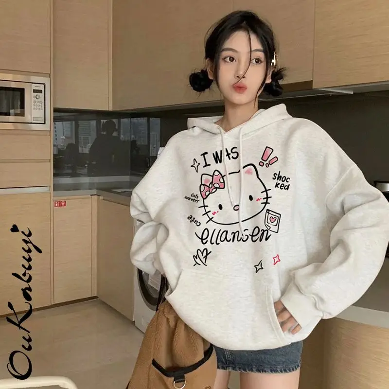 

Толстовка с капюшоном Sanrioed Hellokitty Kawaii Y2K, свитер из чистого хлопка, японская Корейская серия, Осень-зима, теплая Повседневная одежда для девушек