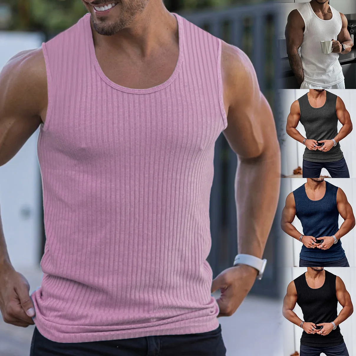 

Knitted Tank Tops Mens Muscle Tank U-neck Tank Pit Cloth Sleeveless Top Men Casual Shirt Striped Tank Tops Fitness Sport Clothes