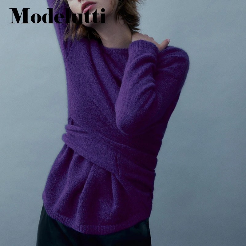 

Modelutti 2023 New Spring Women Fashion Long Sleeve Round Neck Tie Knot Knitted Sweater Simple Casual Pullovers Tops Female Chic
