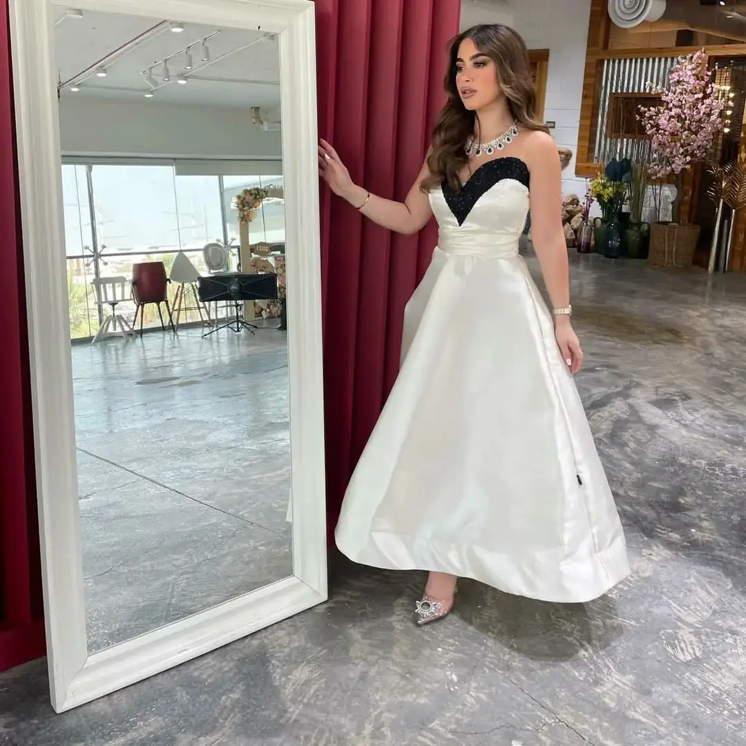 

Classic White Black Evening Dresses Sweetheart Neck Taffeta Dubai Saudi Arabic Women Prom Dress Ankle Length Formal Party Gowns