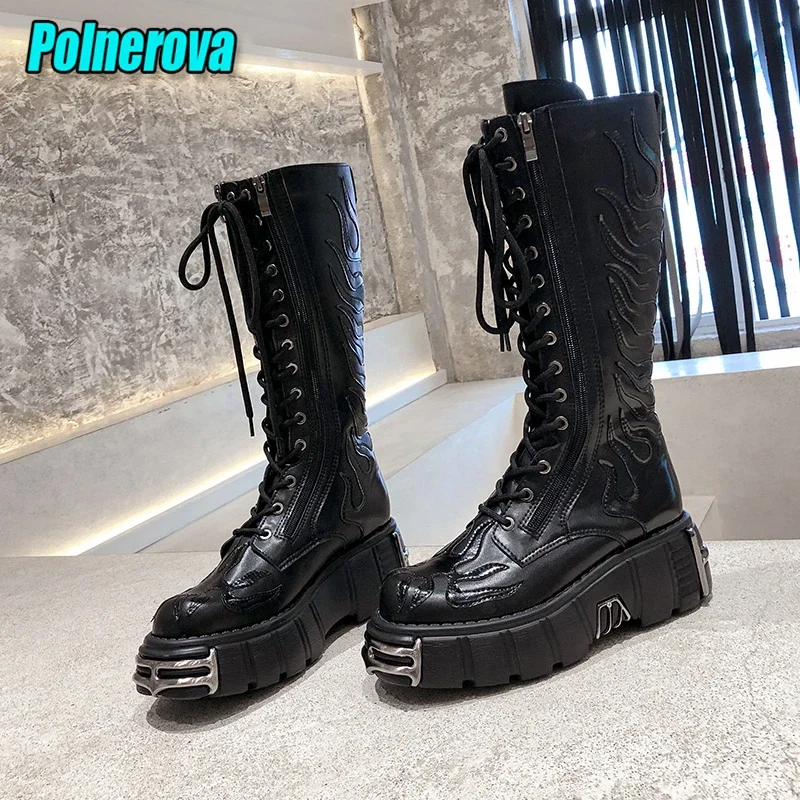 Сапоги до колена на толстой подошве в стиле панк с металлическим декором зимние