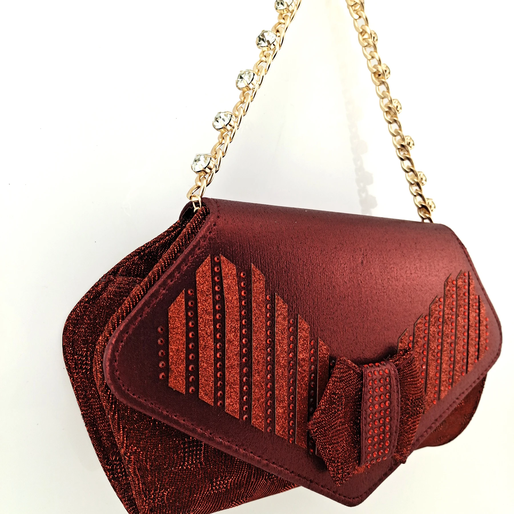 Carol Party New Arrival Hot Selling Italian Design Fashion Crystal Style Ladies Shoes and Bag Set in Wine Color for Party