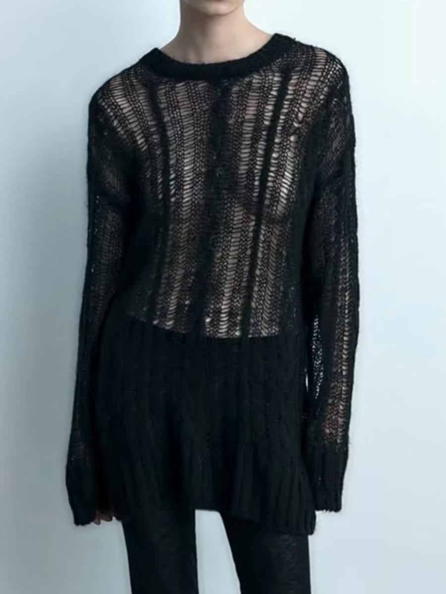 

Однотонные свитера с вырезами для женщин, вязаные пуловеры с круглым вырезом, женские топы с длинным рукавом, винтажная модная женская трикотажная одежда 2023