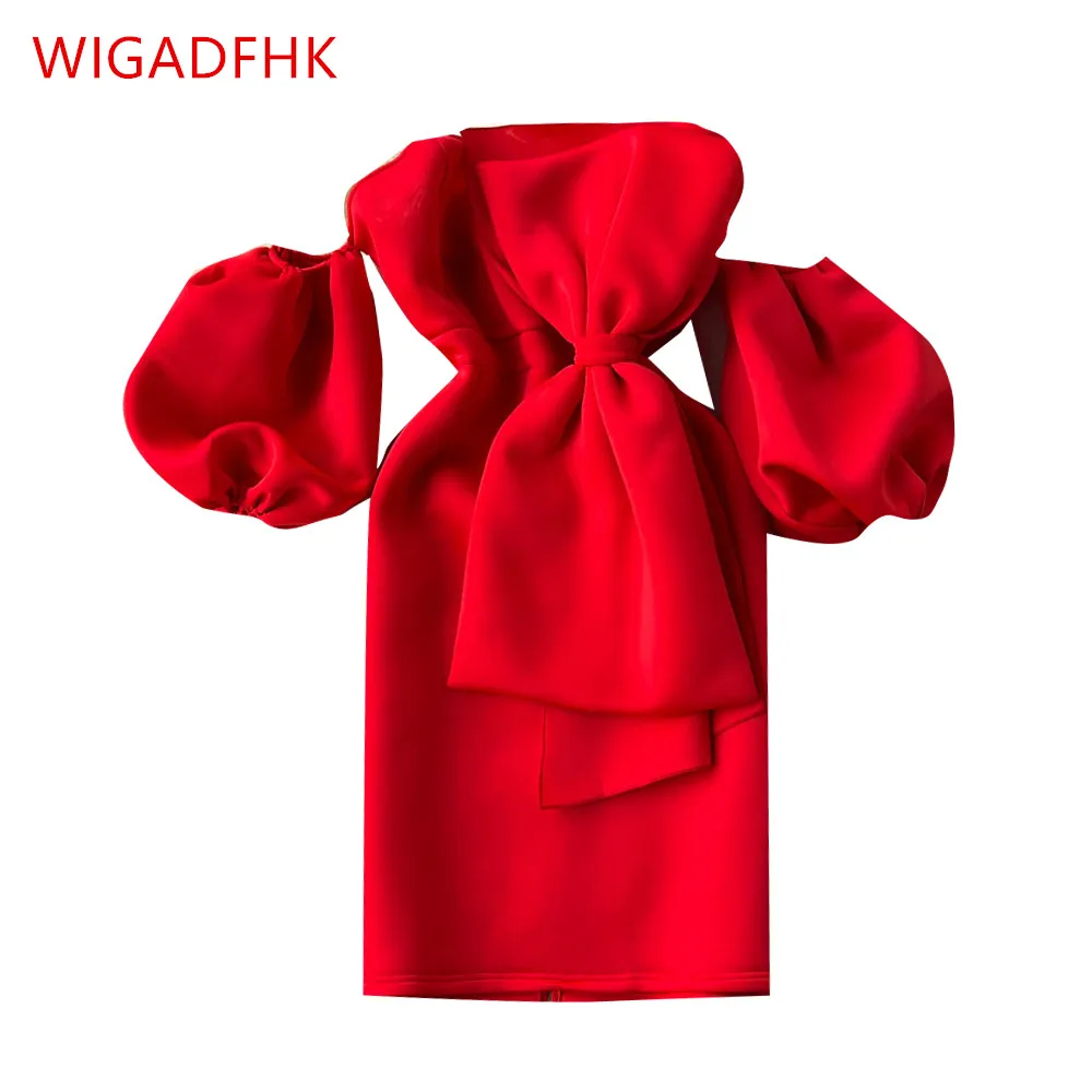 

WIGADFHK 2022 New Summer Women's Red Off Shoulder One Neck Bowknot Dress Sexy Short Sleeve Mini Club Celebrity Evening Dress
