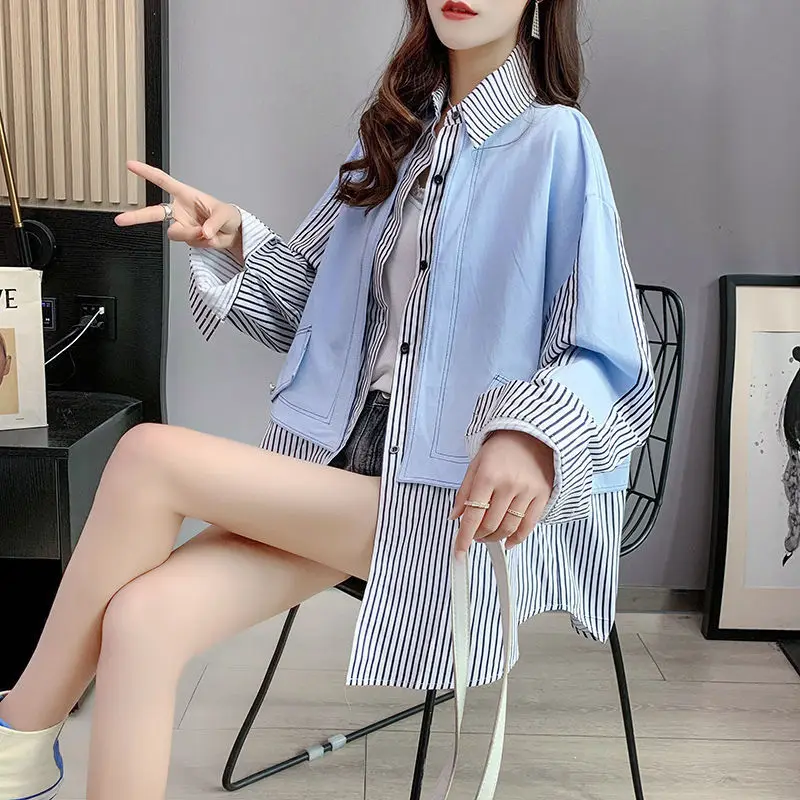 Полосатый пэчворк мода поддельные две части рубашка пальто весна осень с длинным