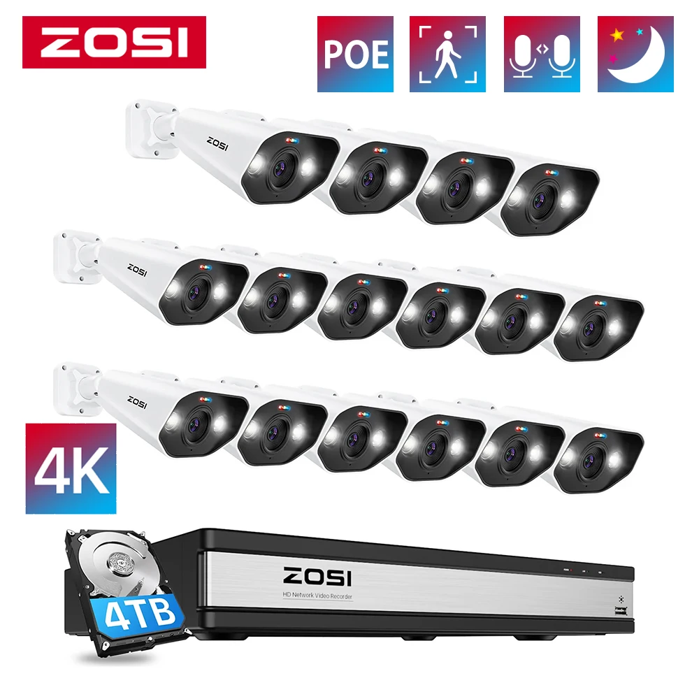 ZOSI 16CH 4K PoE Home Security Camera System 8MP NVR Set Outdoor Indoor Color Night Vision AI IP Camera Video Surveillance Kit