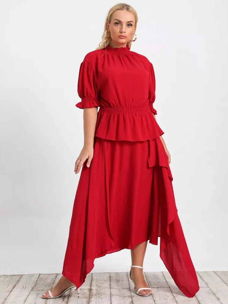 

Plus Size Two Piece Sets Outfits Elegant Dress Red Cascading Ruffle Asymmetry Dresses