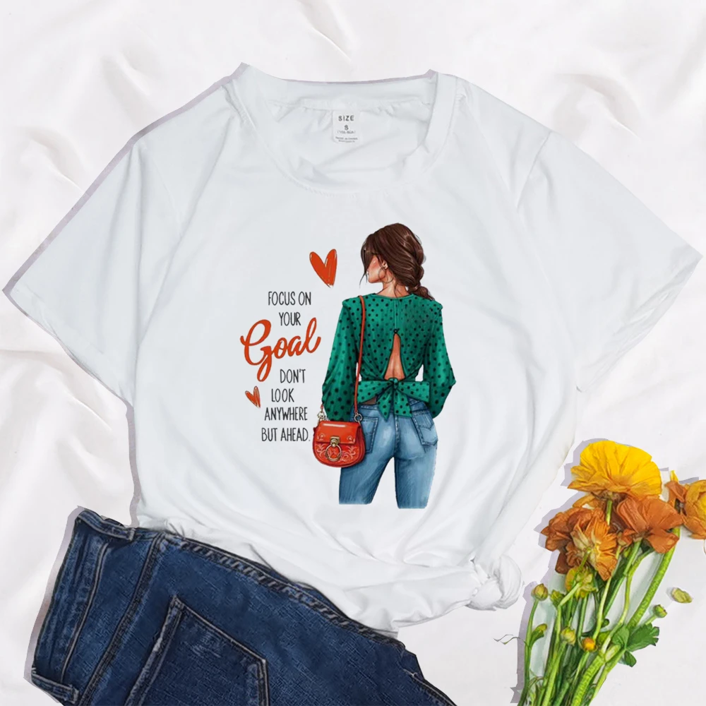 

Focus On Your Goal Girl Funny Print Goth Clothing Women T Shirt Aesthetics Graphic White Short Sleeve Polyester Women's T Shirt