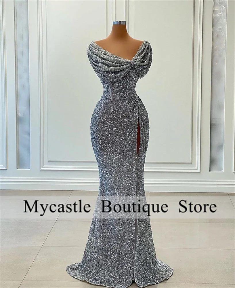 

Elegant Beaded Lace Silver Evening Dress 2023 Dubai Side Slit Prom Dress Formal Party Gowns Saudi Arabic Celebrity Dresses
