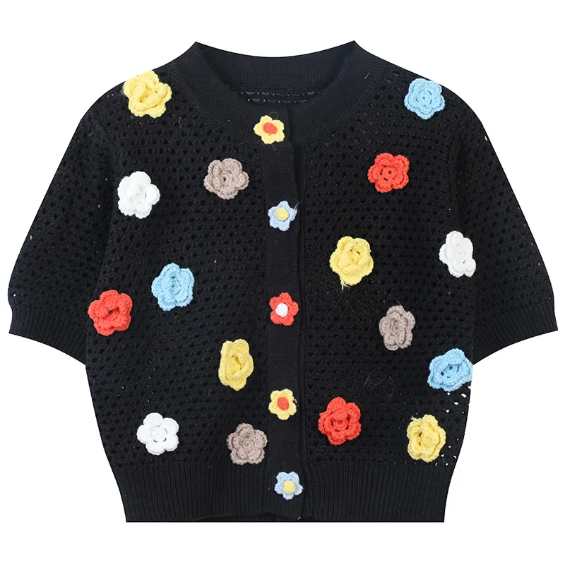 

Женский трикотажный Укороченный кардиган с цветочным принтом, Повседневная футболка с вырезами в Корейском стиле, лето 2022