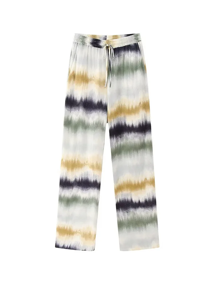 

Kumsvag 2023 Women Summer Straight Pants Vintage Tie-dye Elastic waist Drawstring Bow Female Elegant Street Pant Trousers